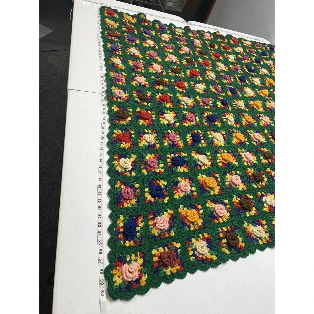 Handmade Granny Square Throw Floral 3D Knit Green Colorful Sofa Blanket Afgan